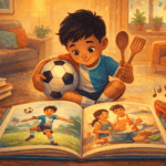 Niño leyendo un álbum ilustrado en casa, con balón de fútbol y utensilios de cocina, en una escena cálida y familiar.