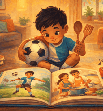 Niño leyendo un álbum ilustrado en casa, con balón de fútbol y utensilios de cocina, en una escena cálida y familiar.