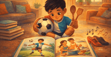 Niño leyendo un álbum ilustrado en casa, con balón de fútbol y utensilios de cocina, en una escena cálida y familiar.