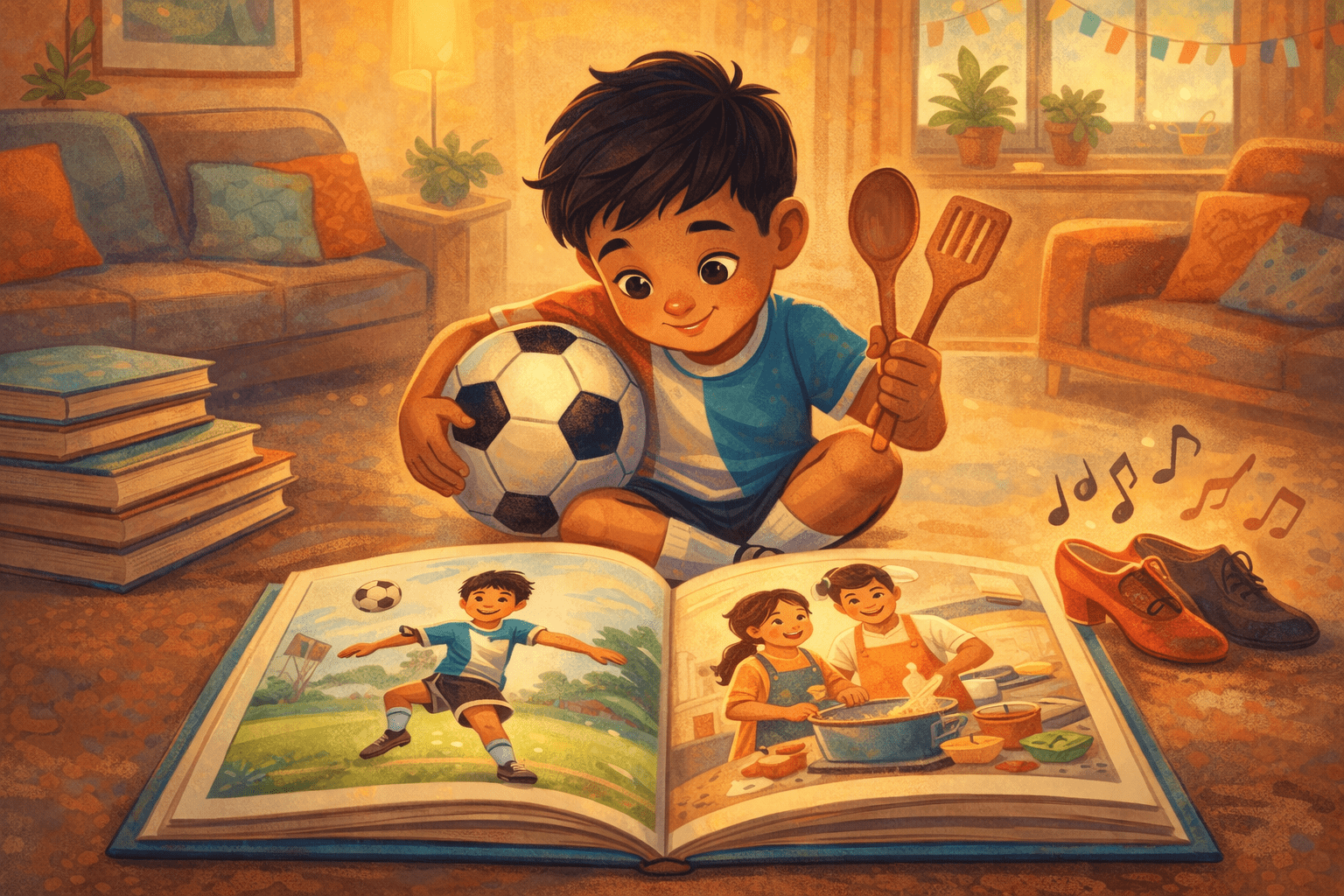 Niño leyendo un álbum ilustrado en casa, con balón de fútbol y utensilios de cocina, en una escena cálida y familiar.