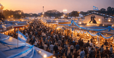Pasillos llenos y stands iluminados en la Feria del Libro de Kolkata al atardecer; pabellón del país tema con colores celeste y blanco.