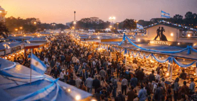 Pasillos llenos y stands iluminados en la Feria del Libro de Kolkata al atardecer; pabellón del país tema con colores celeste y blanco.