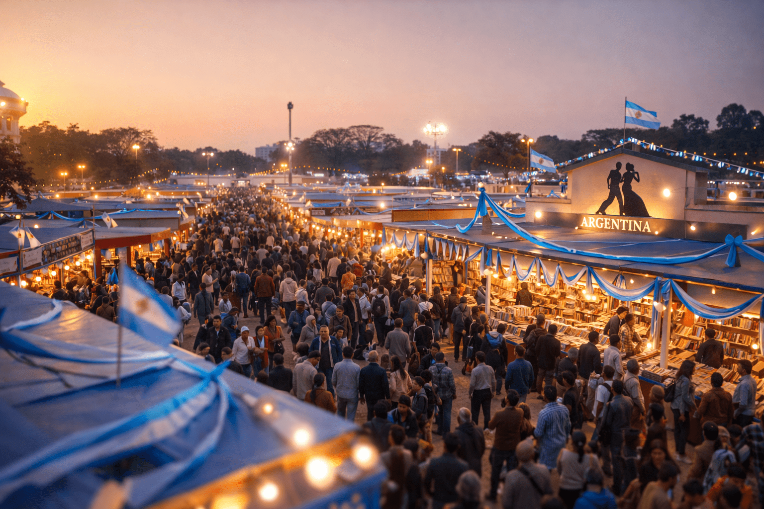 Pasillos llenos y stands iluminados en la Feria del Libro de Kolkata al atardecer; pabellón del país tema con colores celeste y blanco.