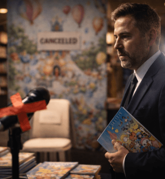 Hombre con traje sostiene libro infantil en una librería; micrófono en primer plano y flashes al fondo, ambiente de cancelació