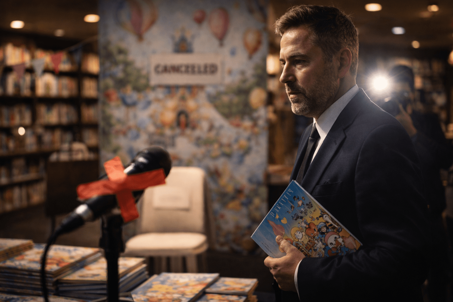 Hombre con traje sostiene libro infantil en una librería; micrófono en primer plano y flashes al fondo, ambiente de cancelació