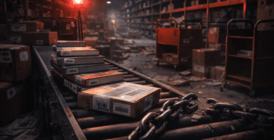 Cinta transportadora con libros y cajas en bodega, luz de alerta roja y cadena rota: imagen sobre crisis logística en bibliotecas.