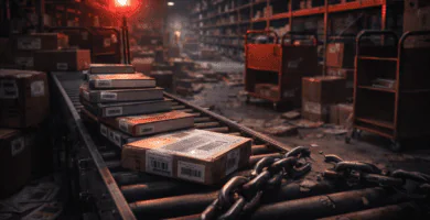 Cinta transportadora con libros y cajas en bodega, luz de alerta roja y cadena rota: imagen sobre crisis logística en bibliotecas.