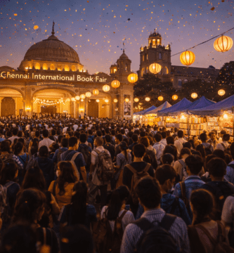 Multitud y stands iluminados en feria del libro en Chennai al atardecer, con faroles colgantes y ambiente festivo.