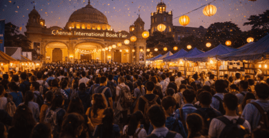 Multitud y stands iluminados en feria del libro en Chennai al atardecer, con faroles colgantes y ambiente festivo.