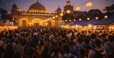 Multitud y stands iluminados en feria del libro en Chennai al atardecer, con faroles colgantes y ambiente festivo.