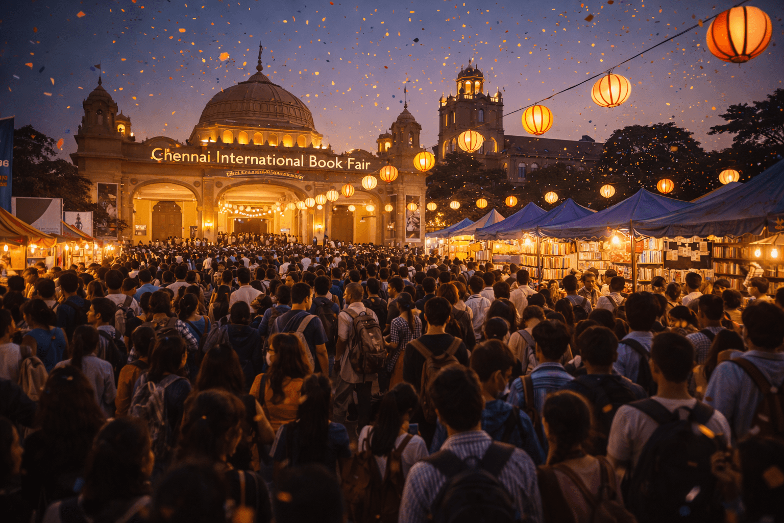 Multitud y stands iluminados en feria del libro en Chennai al atardecer, con faroles colgantes y ambiente festivo.
