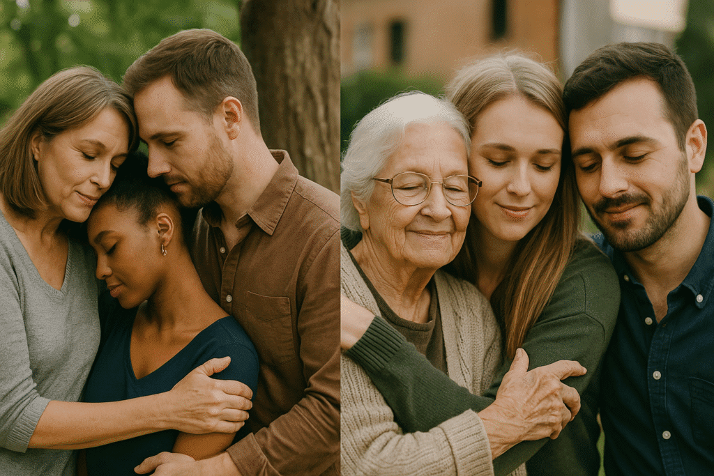 Collage horizontal de cuatro fotos con padres abrazando a su hijo, una pareja de la mano, un abuelo con su nieta y un grupo de amigos abrazados.