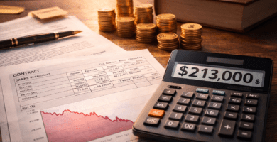 Calculadora y hoja de regalías con gráfico ascendente junto a un libro y monedas: imagen para guía sobre cómo calcular royalties.