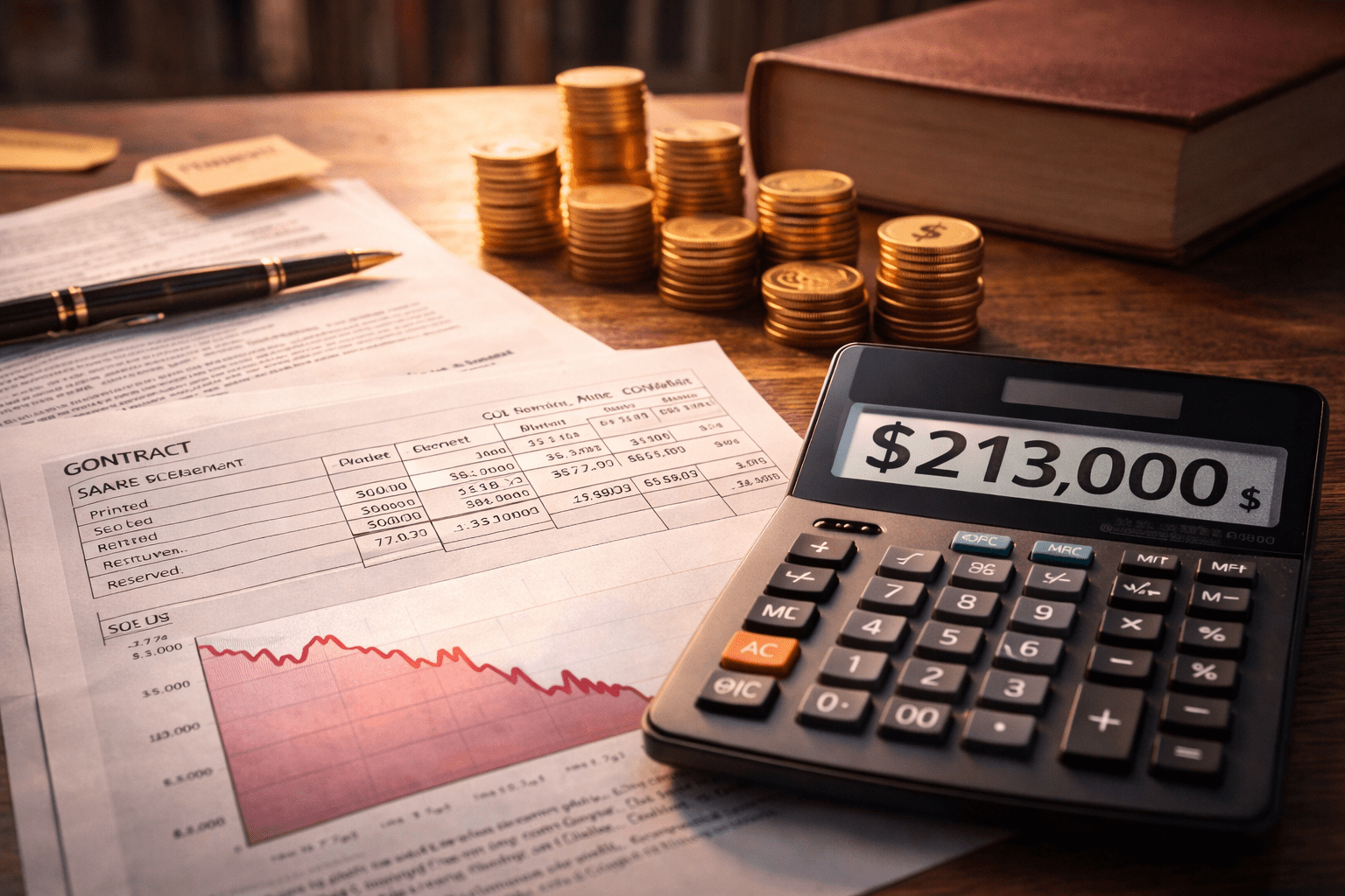 Calculadora y hoja de regalías con gráfico ascendente junto a un libro y monedas: imagen para guía sobre cómo calcular royalties.