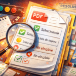 Resolución en PDF con lupa y estados “Seleccionado”, “Lista de espera” y “No elegible”, junto a calendario: guía para leer resultados.
