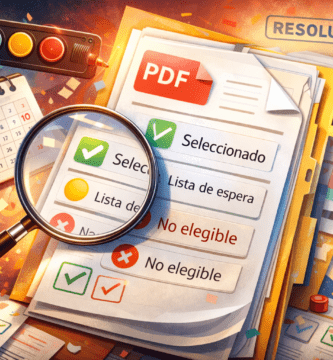 Resolución en PDF con lupa y estados “Seleccionado”, “Lista de espera” y “No elegible”, junto a calendario: guía para leer resultados.