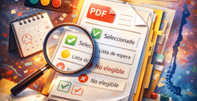 Resolución en PDF con lupa y estados “Seleccionado”, “Lista de espera” y “No elegible”, junto a calendario: guía para leer resultados.