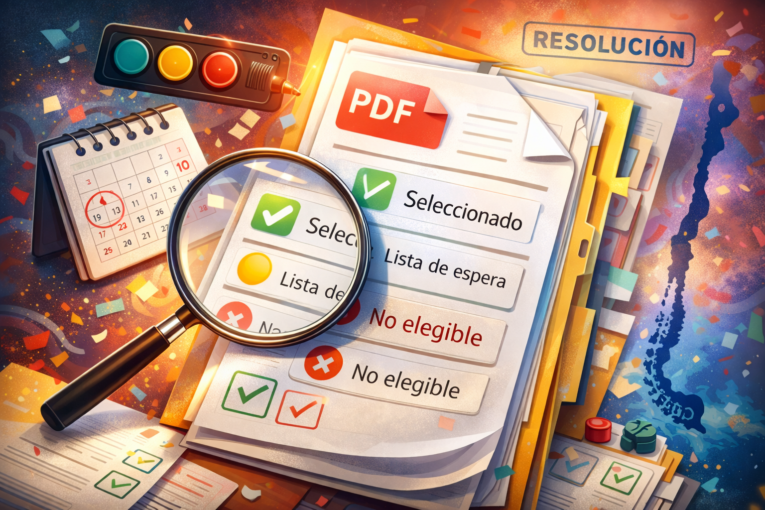 Resolución en PDF con lupa y estados “Seleccionado”, “Lista de espera” y “No elegible”, junto a calendario: guía para leer resultados.
