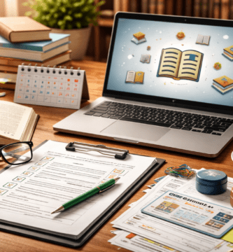 Escritorio con laptop, formulario y checklist, libros y calendario: imagen para guía de postulación al Fondo del Libro.