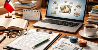 Escritorio con laptop, formulario y checklist, libros y calendario: imagen para guía de postulación al Fondo del Libro.