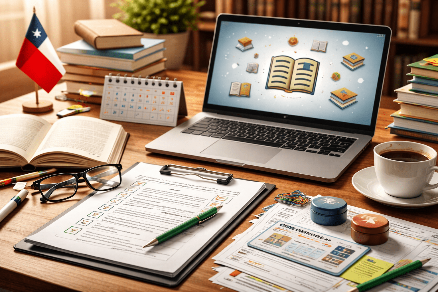 Escritorio con laptop, formulario y checklist, libros y calendario: imagen para guía de postulación al Fondo del Libro.