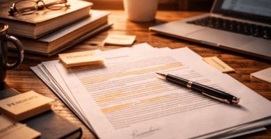Contrato editorial con secciones resaltadas y calculadora, junto a manuscrito y pluma: portada para guía de cláusulas clave.