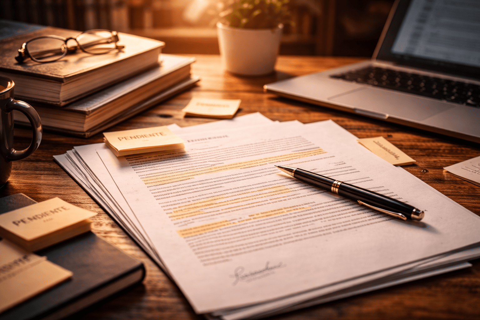 Contrato editorial con secciones resaltadas y calculadora, junto a manuscrito y pluma: portada para guía de cláusulas clave.