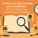 Ilustración plana de escritorio escolar con libro abierto, notas “Casa tomada” y “Continuidad de los parques”, lámpara y mapa, alusiva a los cuentos de Julio Cortázar.