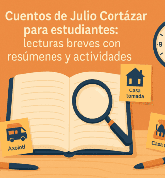 Ilustración plana de escritorio escolar con libro abierto, notas “Casa tomada” y “Continuidad de los parques”, lámpara y mapa, alusiva a los cuentos de Julio Cortázar.