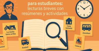 Ilustración plana de escritorio escolar con libro abierto, notas “Casa tomada” y “Continuidad de los parques”, lámpara y mapa, alusiva a los cuentos de Julio Cortázar.