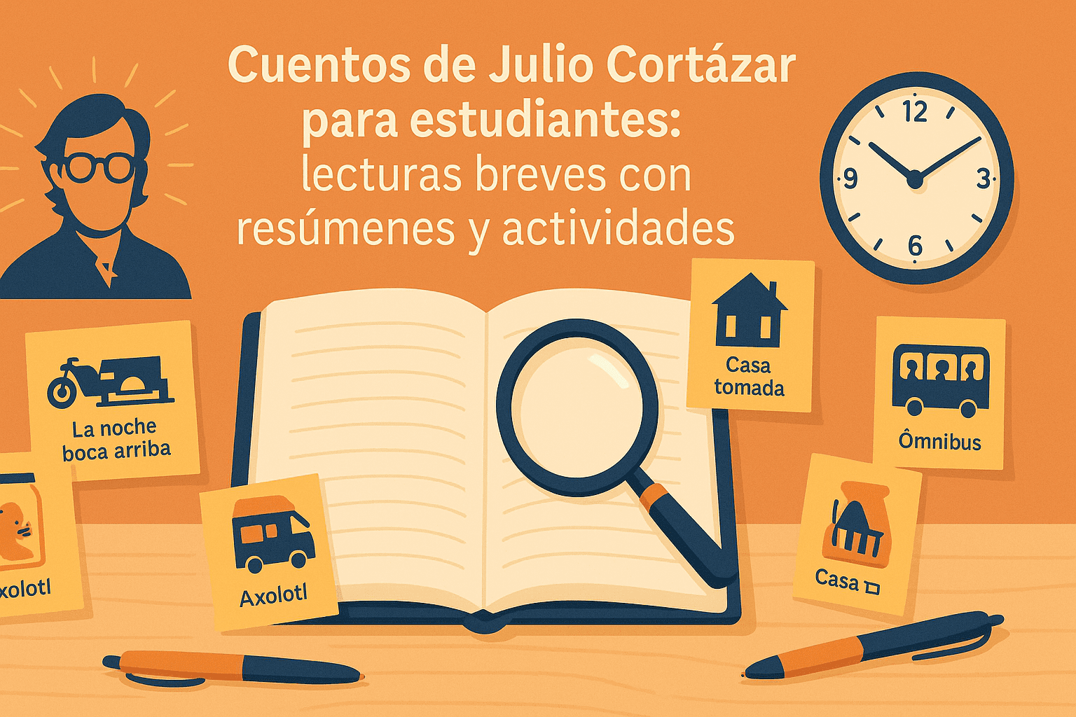 Ilustración plana de escritorio escolar con libro abierto, notas “Casa tomada” y “Continuidad de los parques”, lámpara y mapa, alusiva a los cuentos de Julio Cortázar.