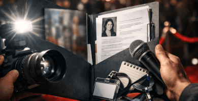 Dossier de prensa abierto con foto de autora, cámara con flash y micrófono en ambiente de alfombra roja.