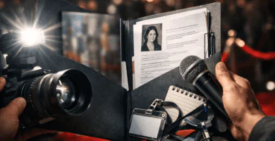 Dossier de prensa abierto con foto de autora, cámara con flash y micrófono en ambiente de alfombra roja.