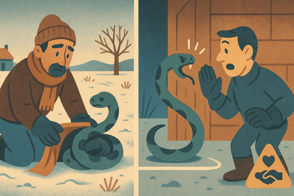 Dos escenas: campesino calienta a una serpiente helada; luego se protege cuando intenta atacarlo