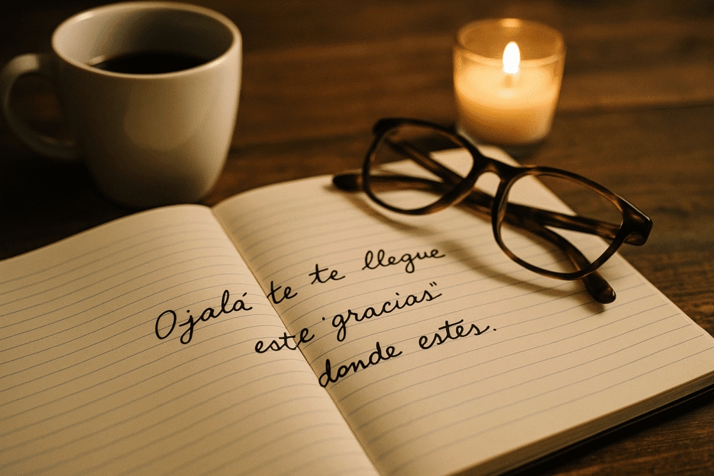 Cuaderno abierto con una frase manuscrita en español, junto a unas gafas, una taza de café y una vela encendida sobre una mesa de madera.