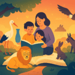 niños y niñas leyendo junto a un zorro, tortuga, león y cigüeña; fábulas de animales con moraleja por edades.