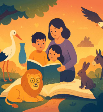 niños y niñas leyendo junto a un zorro, tortuga, león y cigüeña; fábulas de animales con moraleja por edades.