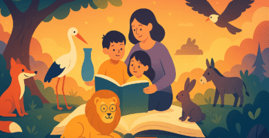 niños y niñas leyendo junto a un zorro, tortuga, león y cigüeña; fábulas de animales con moraleja por edades.