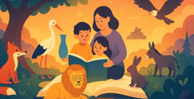 niños y niñas leyendo junto a un zorro, tortuga, león y cigüeña; fábulas de animales con moraleja por edades.