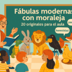 Portada: aula colorida con pizarra y animales (zorro, tortuga, león, cigüeña) que simbolizan fábulas con moraleja.