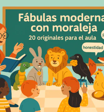 Portada: aula colorida con pizarra y animales (zorro, tortuga, león, cigüeña) que simbolizan fábulas con moraleja.