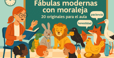 Portada: aula colorida con pizarra y animales (zorro, tortuga, león, cigüeña) que simbolizan fábulas con moraleja.