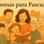 Familia multigeneracional leyendo un libro de poemas para Pascua, rodeada de huevos y conejo de Pascua.