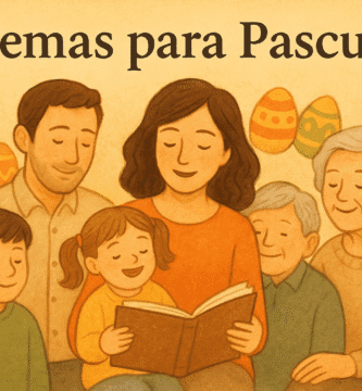 Familia multigeneracional leyendo un libro de poemas para Pascua, rodeada de huevos y conejo de Pascua.