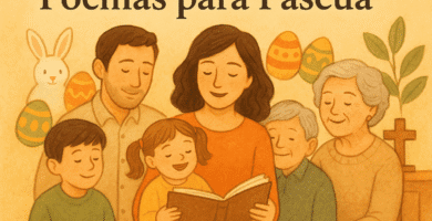 Familia multigeneracional leyendo un libro de poemas para Pascua, rodeada de huevos y conejo de Pascua.