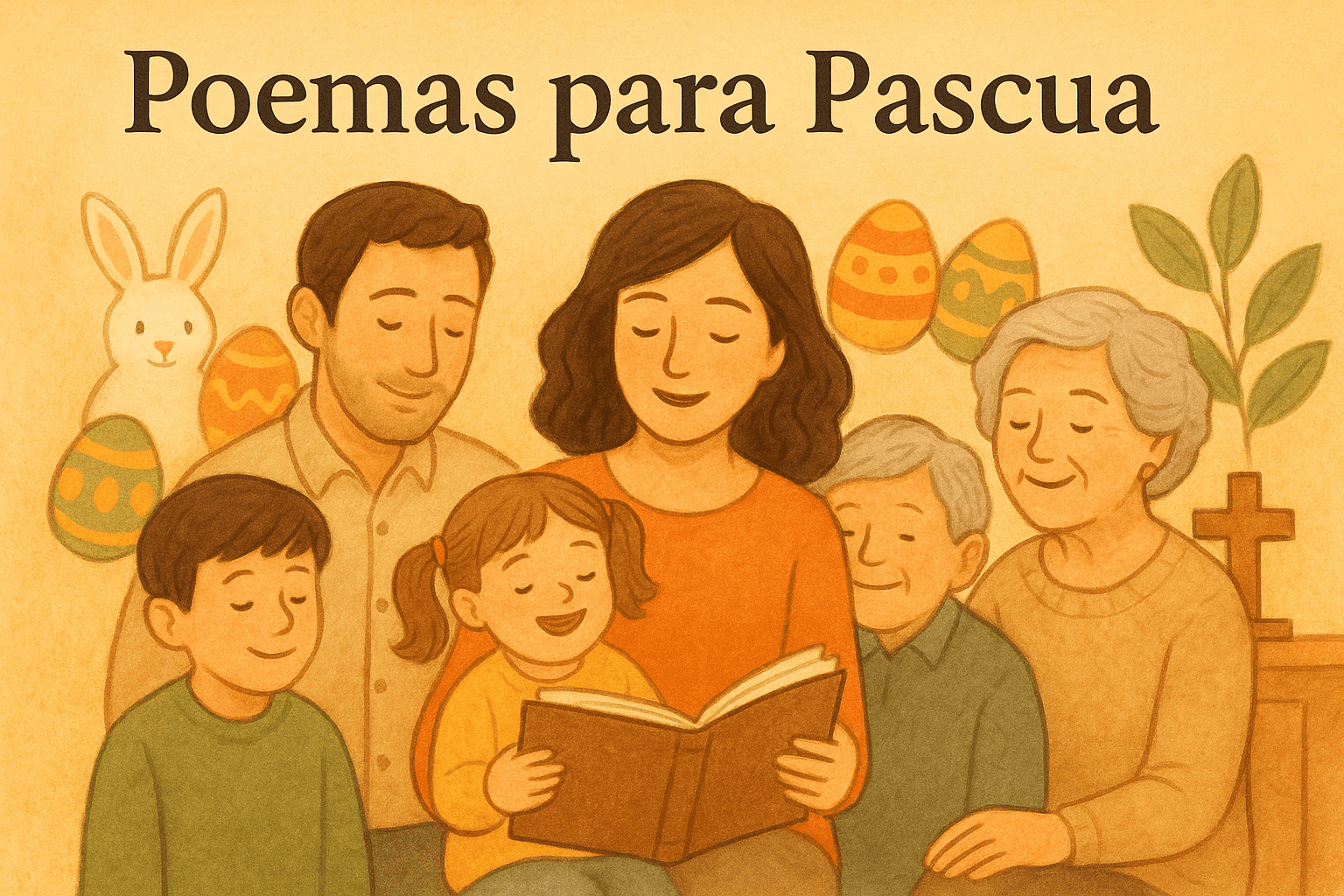Familia multigeneracional leyendo un libro de poemas para Pascua, rodeada de huevos y conejo de Pascua.