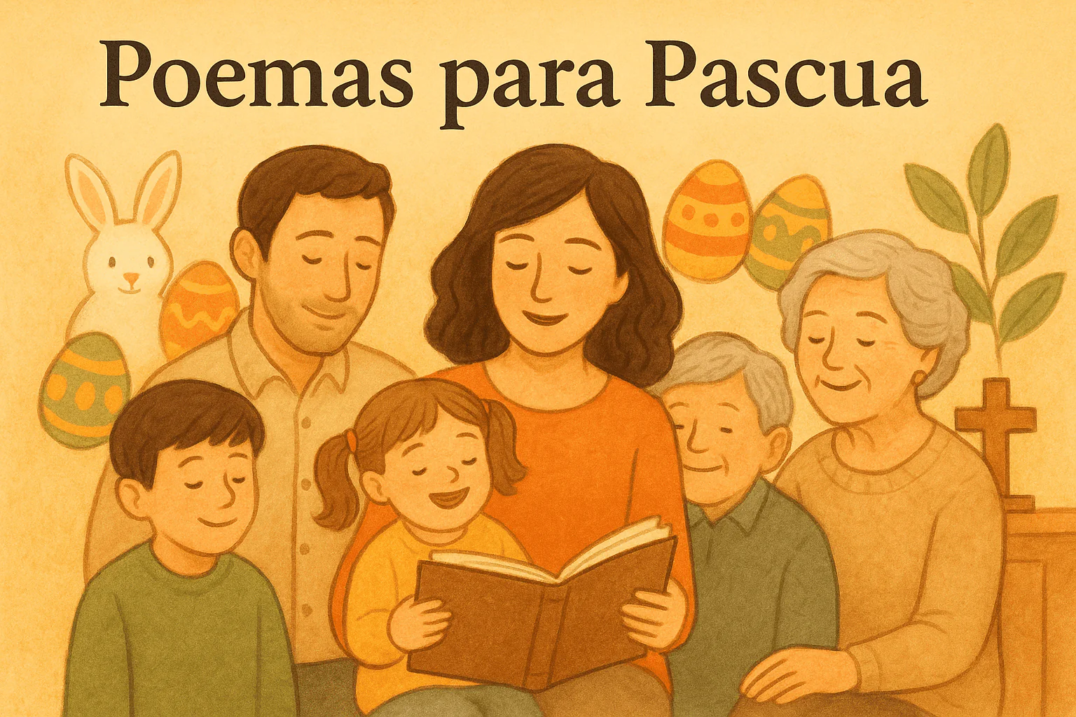 Familia multigeneracional leyendo un libro de poemas para Pascua, rodeada de huevos y conejo de Pascua.