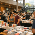 Feria del libro en un centro cultural moderno, con mesas de editoriales independientes y público revisando libros.