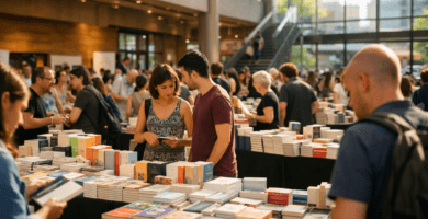 Feria del libro en un centro cultural moderno, con mesas de editoriales independientes y público revisando libros.