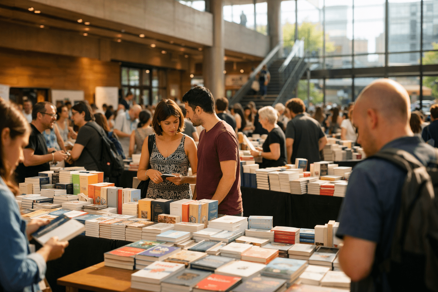 Feria del libro en un centro cultural moderno, con mesas de editoriales independientes y público revisando libros.